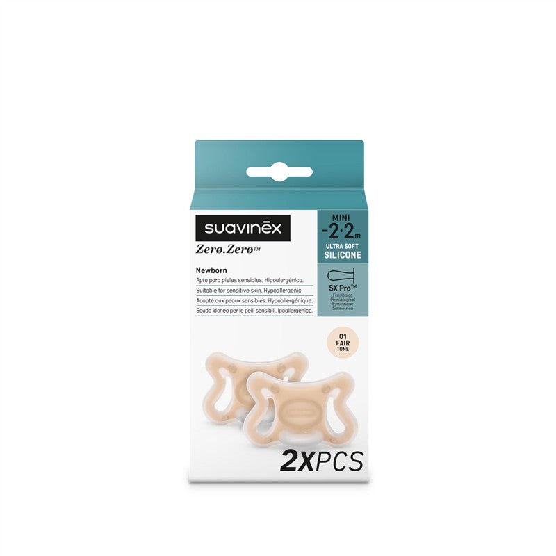 Suavinex 2-pack zero zero silicone baby pacifiers, designed for newborns, featuring ultra-soft silicone and hypoallergenic characteristics.