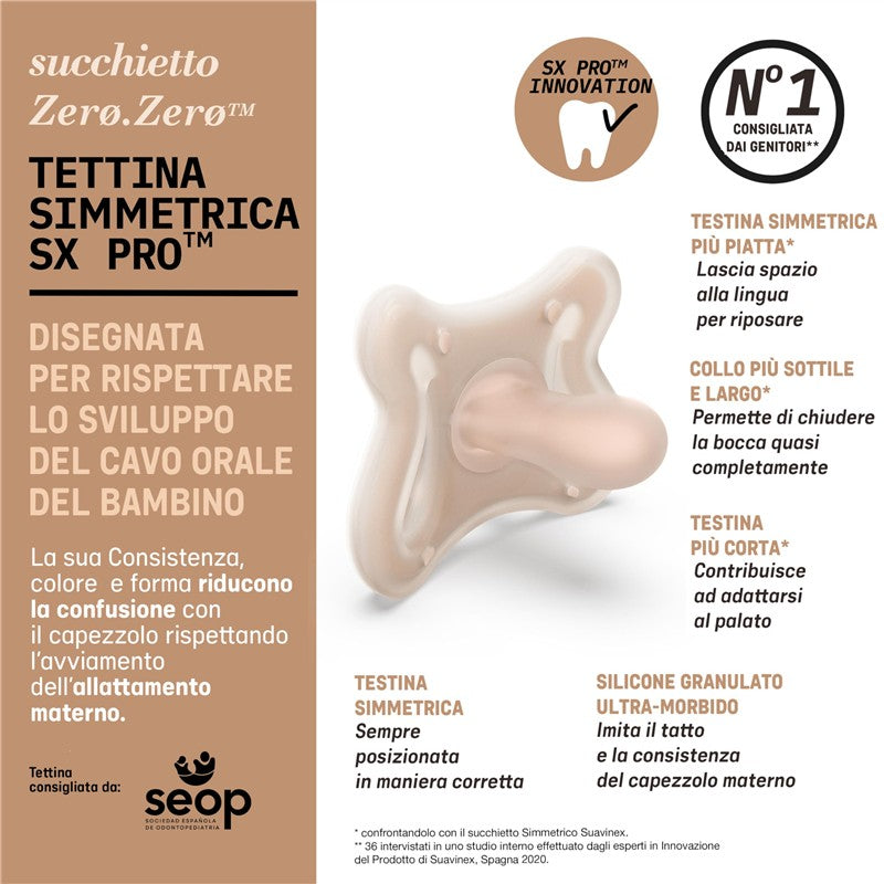 Suavinex 2Pk Zero Zero Silicone Baby Pacifier featuring SX Pro nipple design, with ergonomic shape and soft texture for oral development.