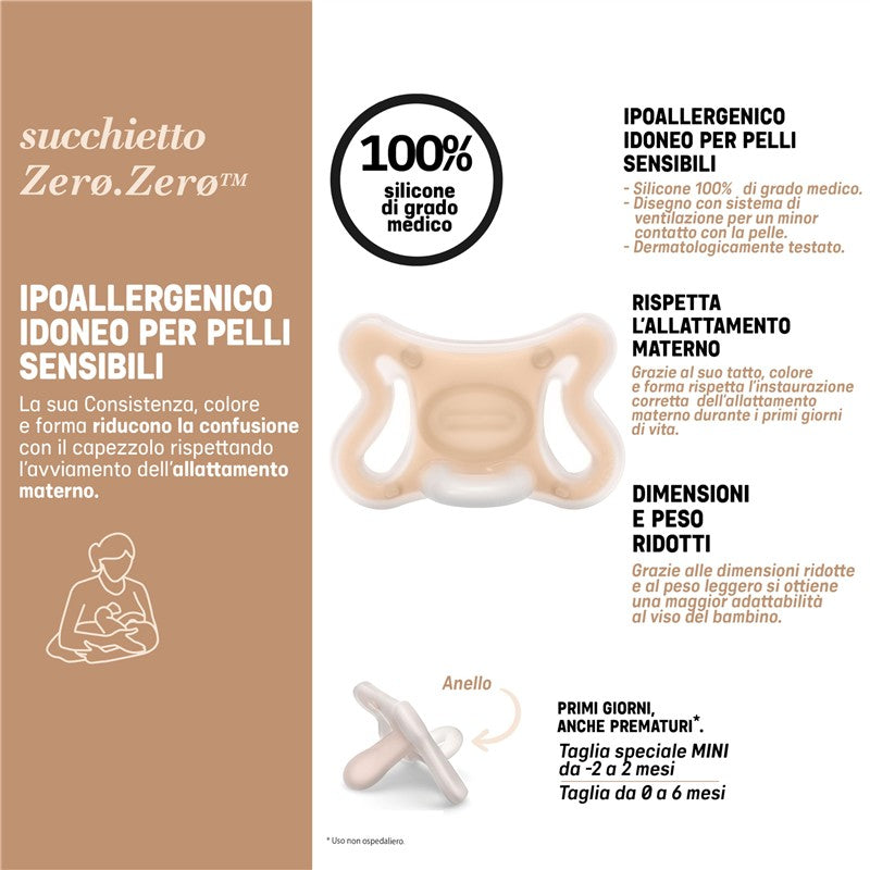 Suavinex 2Pk Zero Zero Silicone Baby Pacifier featuring medium SX Pro nipple, hypoallergenic and suitable for sensitive skin.
