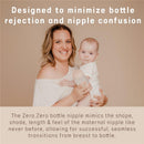 Suavinex 2Pk Zero.Zero™ Slow Flow Asymmetrical Nipple, designed to reduce bottle rejection and nipple confusion, held by a smiling woman with a baby.