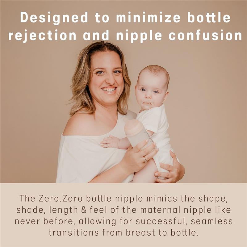 Suavinex 2Pk Zero.Zero™ Slow Flow Asymmetrical Nipple, designed to reduce nipple confusion, held by a smiling mother with her baby.