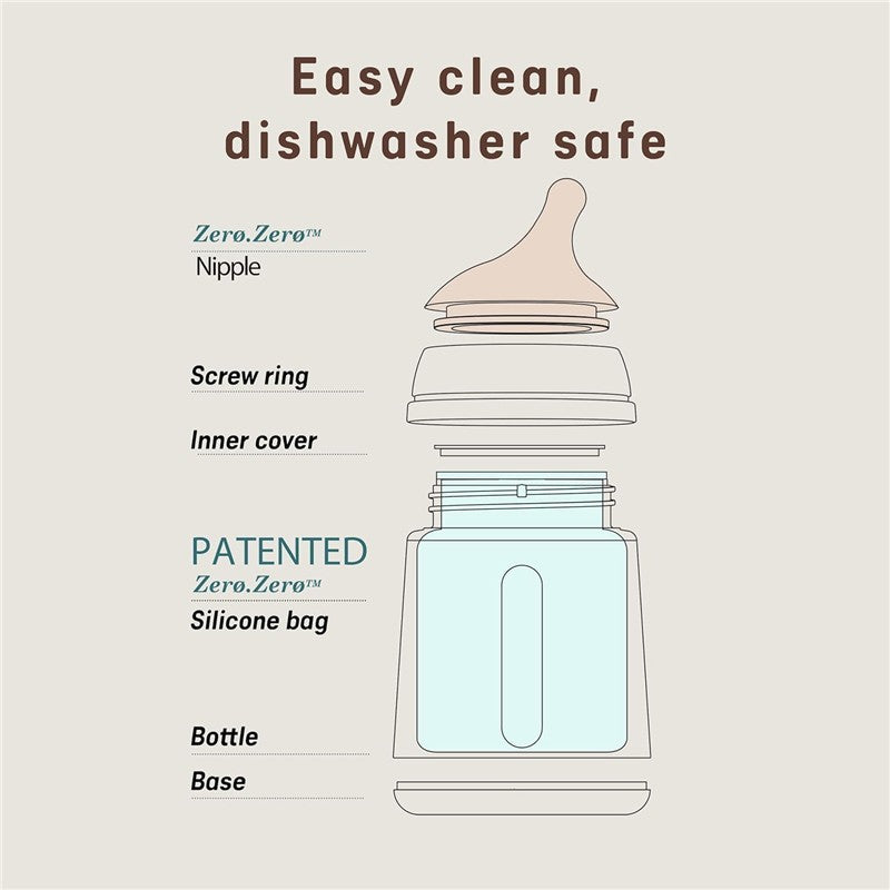 Suavinex 4Pk Zero Zero anti-colic baby bottle, featuring a silicone bag, easy clean design, and dishwasher-safe components.