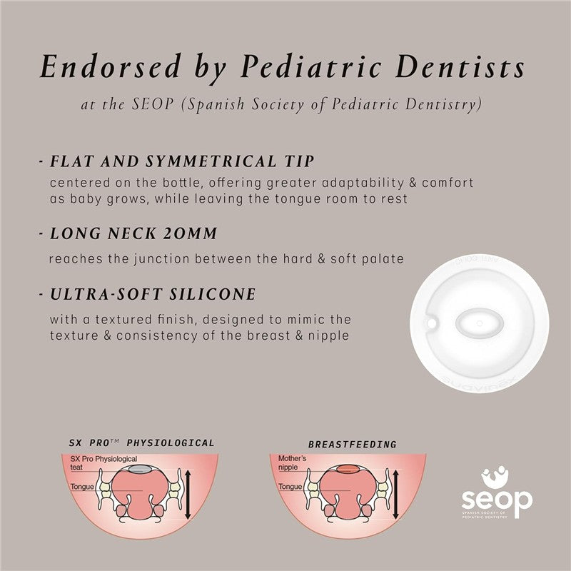 Suavinex Color Essence SX Pro™ Silicone Bottle 8 oz in Irish Cream with flat tip, long neck, and ultra-soft silicone. Endorsed by pediatric dentists.