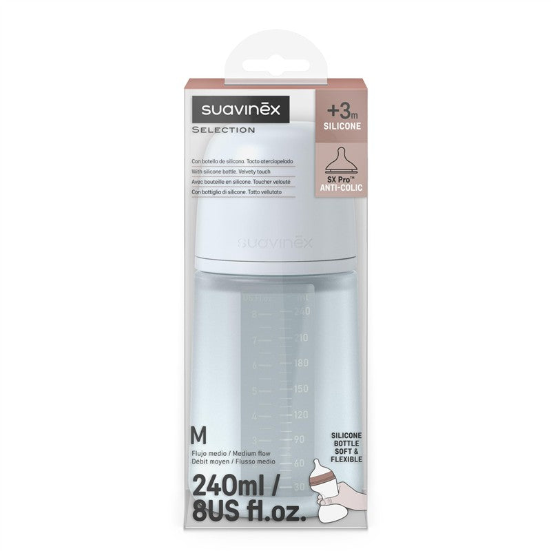 Suavinex Color Essence SX Pro™ Silicone Bottle in Light Blue, 8 oz, featuring anti-colic design and medium flow.