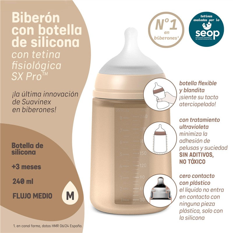 Suavinex Color Essence SX Pro™ silicone baby bottle in light blue, 240 ml, features a medium flow nipple and is BPA-free.