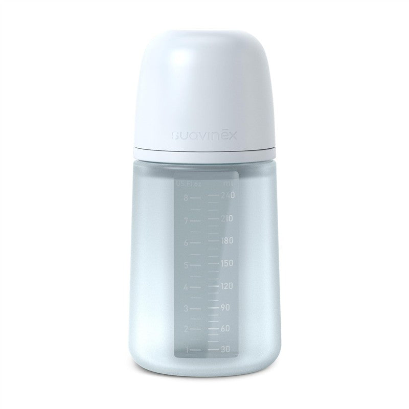 Suavinex Color Essence SX Pro™ silicone bottle, 8 oz, light blue with a white cap and measurement markings.
