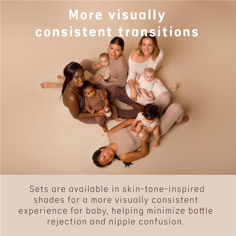 Diverse group of women seated with babies, showcasing Suavinex Zero Zero Newborn Starter Set and its skin-tone-inspired design.