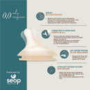 Anti-colic baby bottle with angled design, longer curved base, off-centre position, and ultra-soft silicone.