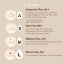 Four nipple flow options for the Suavinex baby bottle: Adaptable, Slow, Medium, and Dense, with descriptions for each flow type.