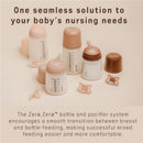 Suavinex Zero Zero Newborn Starter Set featuring small anti-colic baby bottles and a pacifier in soft colors for nursing needs.