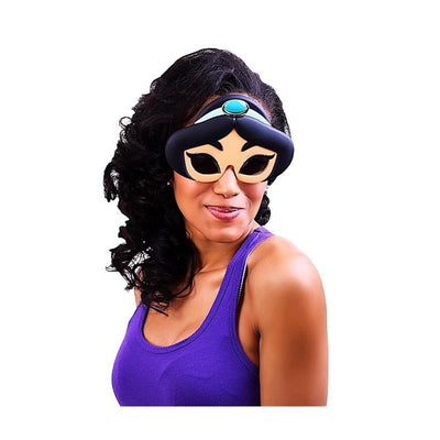 Sunglasses resembling Princess Jasmine from Aladdin worn by a smiling woman in a purple tank top.