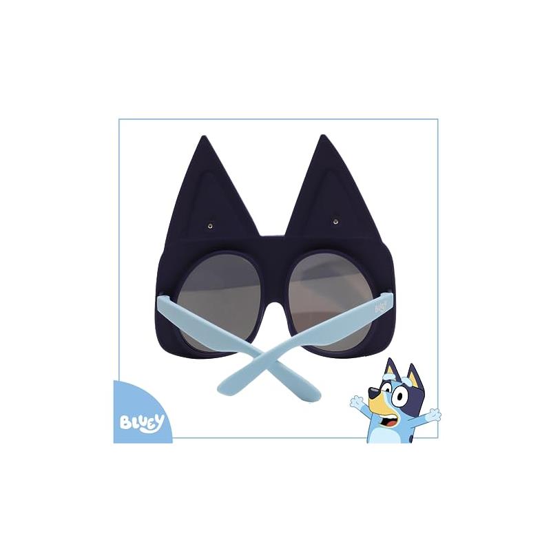 Bluey-themed sunglasses featuring black frames with pointy ears and light blue arms, perfect for playful outdoor wear.