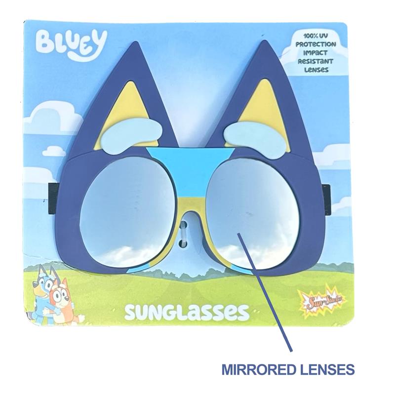 Bluey-themed sunglasses featuring blue and yellow design with mirrored lenses. Packaged with cartoon graphics and details.