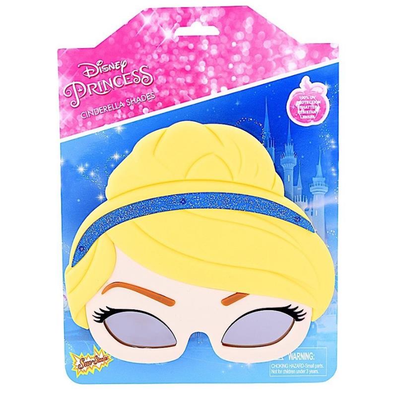 Cinderella-themed sunglasses featuring a blonde-updo design, packaged with a pink and blue background.