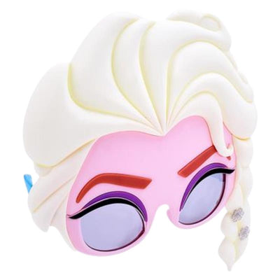 Frozen Queen Elsa sunglasses featuring a whimsical design resembling her face with a braid and purple-tinted lenses.