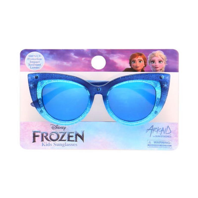 Frozen-themed blue sunglasses for kids, featuring a sparkly frame and UV protection, displayed on a colorful package with characters.