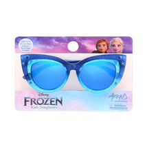 Frozen-themed blue sunglasses for kids, featuring a sparkly frame and UV protection, displayed on a colorful package with characters.