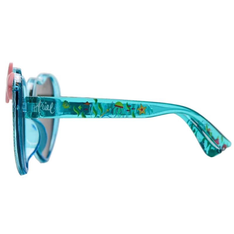 Teal sunglasses for kids featuring a Little Mermaid design, with colorful sea-themed patterns on the arms.