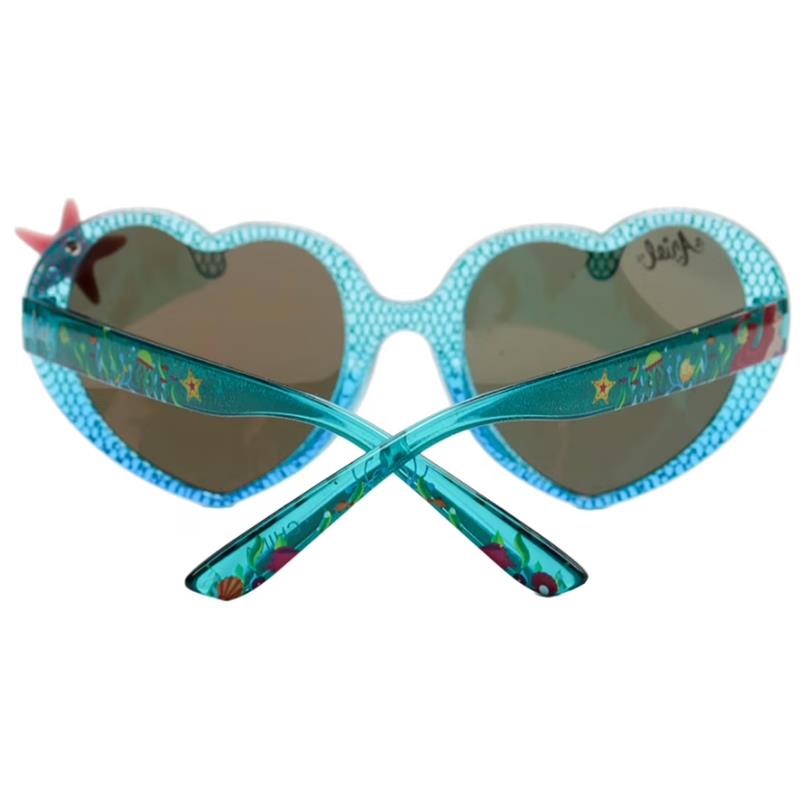 Teal heart-shaped sunglasses for kids, featuring a decorative ocean theme and dark lenses.