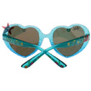 Teal heart-shaped sunglasses for kids, featuring a decorative ocean theme and dark lenses.