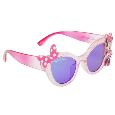 Pink 3D Minnie Mouse sunglasses with polka dot bows and purple lenses, ideal for kids.