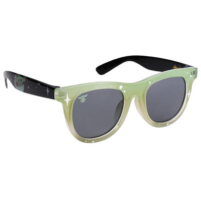Green sunglasses for kids featuring The Child from Star Wars, with black arms adorned with stars and a small character image.