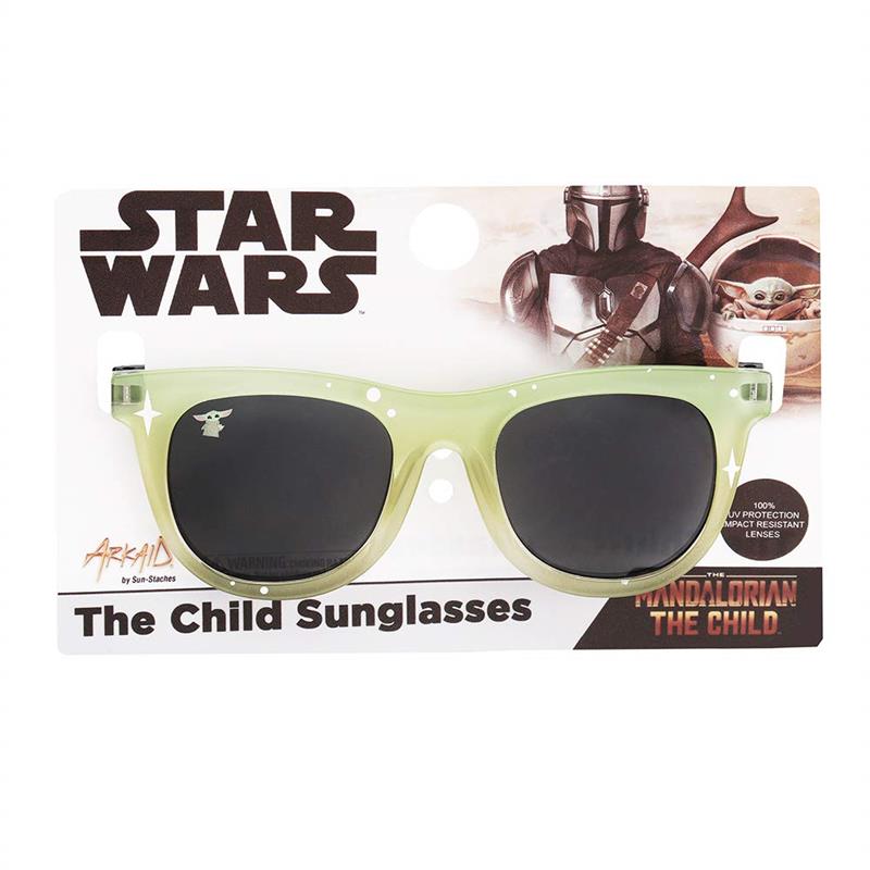 Green sunglasses inspired by The Child from Star Wars, with black lenses and a character image on the left.