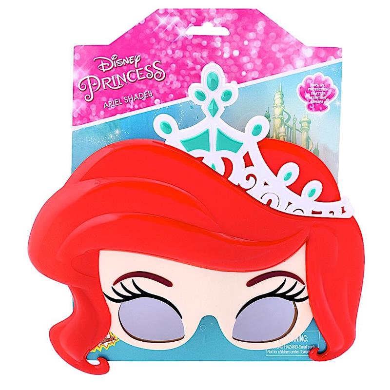 Disney Princess Ariel sunglasses featuring a red hair and crown design, with gray lenses, packaged with a colorful background.
