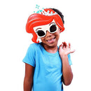 Sunglasses designed as Ariel from The Little Mermaid on a smiling child, wearing a blue shirt and posing playfully.