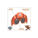 Sun-Staches Paw Patrol Zuma sunglasses featuring orange frame, dark lenses, dog ears, and details on impact resistance and UV protection.