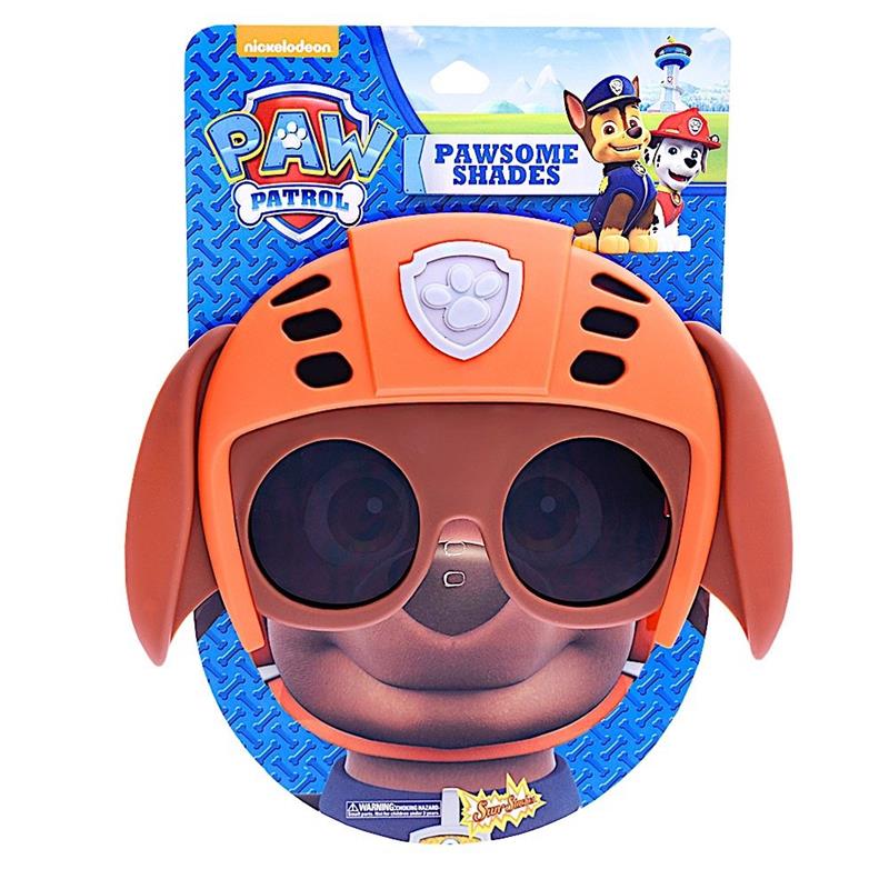 Sun-Staches Paw Patrol Zuma sunglasses in an orange dog design with large lenses, featuring the Paw Patrol logo on packaging.