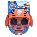 Sun-Staches Paw Patrol Zuma sunglasses in an orange dog design with large lenses, featuring the Paw Patrol logo on packaging.