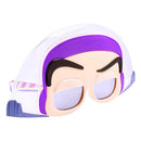 Toy Story Buzz Lightyear-themed sunglasses featuring a character design with purple accents and clear lenses.