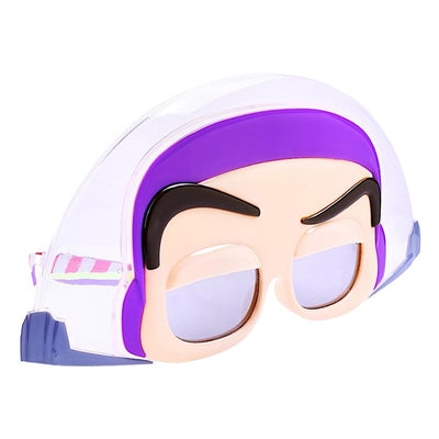 Toy Story Buzz Lightyear-themed sunglasses featuring a character design with purple accents and clear lenses.
