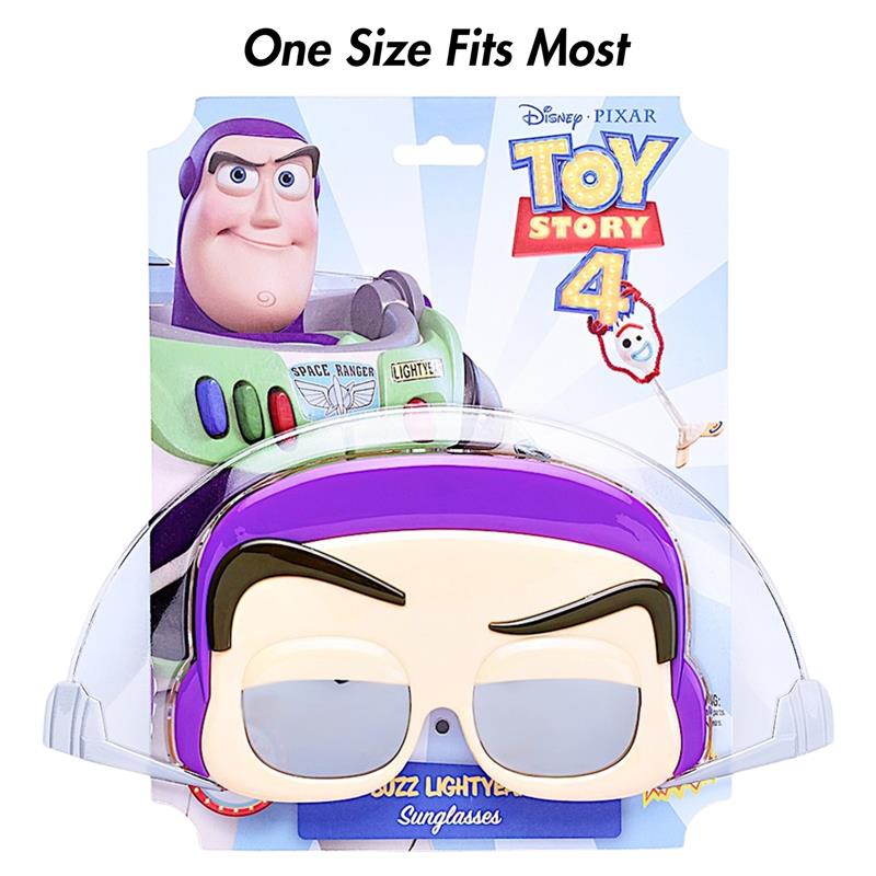 Toy Story Buzz Lightyear sunglasses featuring a character face design, packaged with colorful branding.