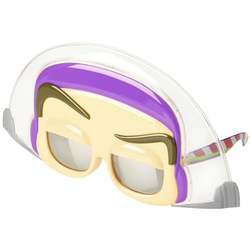 Buzz Lightyear-themed sunglasses featuring a purple design and cartoon facial details, suitable for kids.