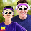 Buzz Lightyear sunglasses worn by an adult and a child, featuring character details and a clear purple design.