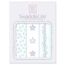 Set of three marquisette swaddles with bubble dot, star, and champagne patterns in soft blue and white.