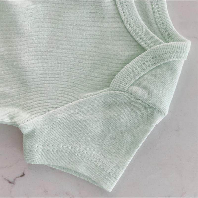 Soft jadeite organic cotton bodysuit showcasing the sleeve and neckline details, part of a three-pack set.