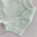 Soft jadeite organic cotton bodysuit showcasing the sleeve and neckline details, part of a three-pack set.