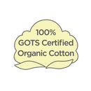 100% GOTS Certified Organic Cotton label on a soft yellow background with green leaves.