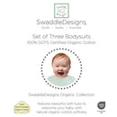 Set of three organic cotton bodysuits in soft jadeite, white, and sand dollar with baby model smiling.