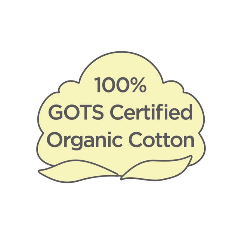 100% GOTS certified organic cotton label, emphasizing the quality and material of the product.