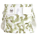 Reusable cloth diaper cover with a cactus design, labeled size M (12-25 lbs).