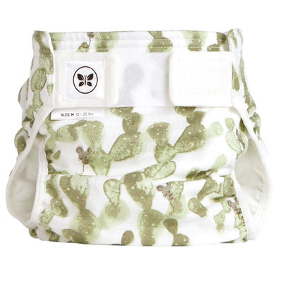 Reusable cloth diaper cover with a cactus design, labeled size M (12-25 lbs).