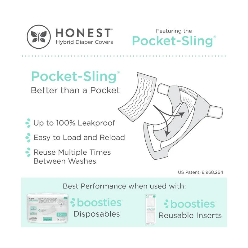 Honest Cotton Muslin Hybrid Reusable Cloth Diaper Cover with Pocket-Sling feature, highlighting leakproof design and loading ease.