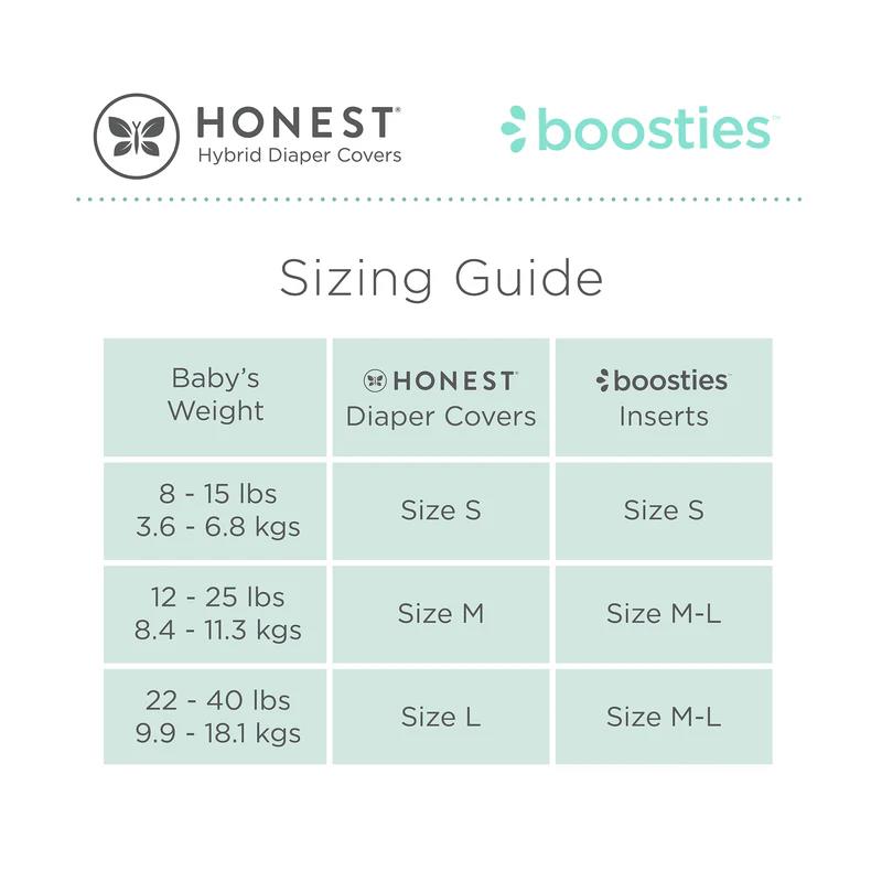 Sizing guide for Honest Hybrid Diaper Covers and Boosties inserts, with weight ranges and corresponding sizes listed.