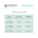 Sizing guide for Honest Hybrid Diaper Covers and Boosties inserts, with weight ranges and corresponding sizes listed.