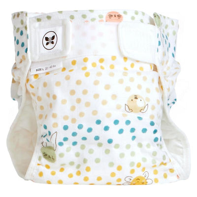 Swaddle Designs Honest Cotton Muslin Hybrid Reusable Cloth Diaper Cover in a spotted pattern with animal illustrations. Size L, fits 22-40 lbs.