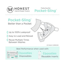 Swaddle Designs Honest Cotton Muslin Hybrid Reusable Cloth Diaper Cover features the Pocket-Sling design, highlighting its leakproof capabilities and ease of use.